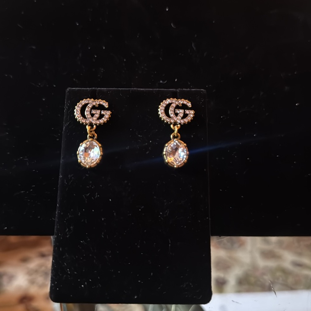 Gucci earrings Gold tone Logo Drop Earrings with Clear Crystal